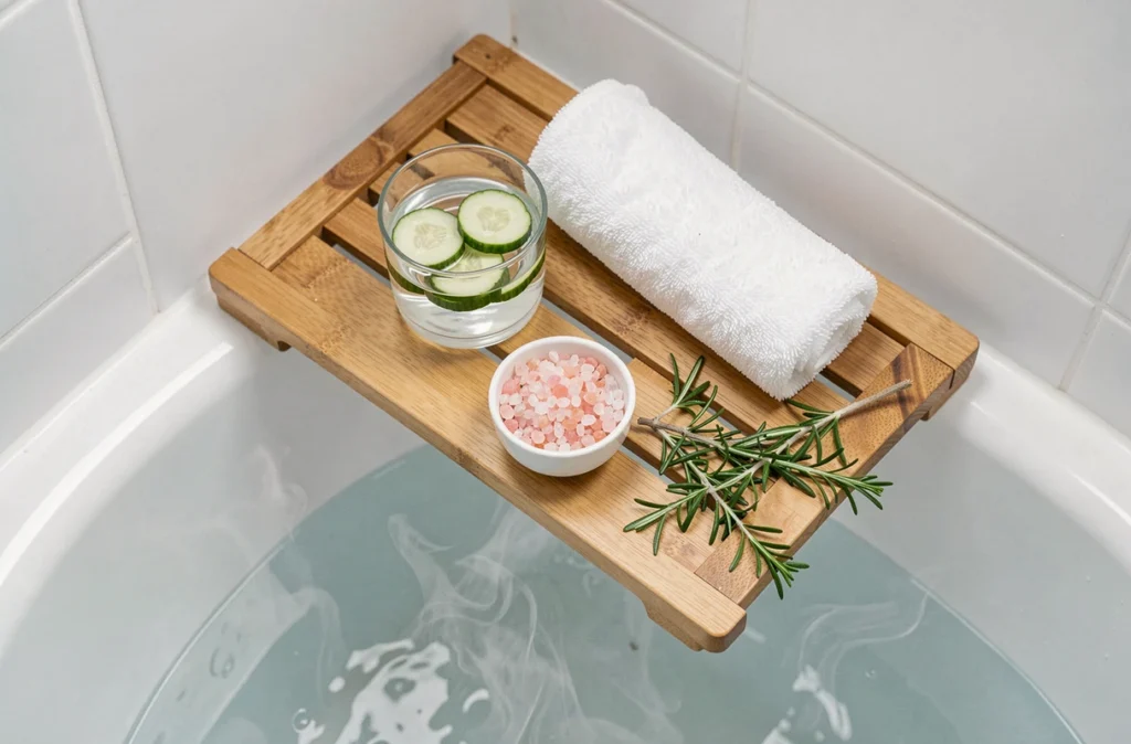 Accessoires de bain relaxant posés sur une tablette de baignoire pour détendre les muscles