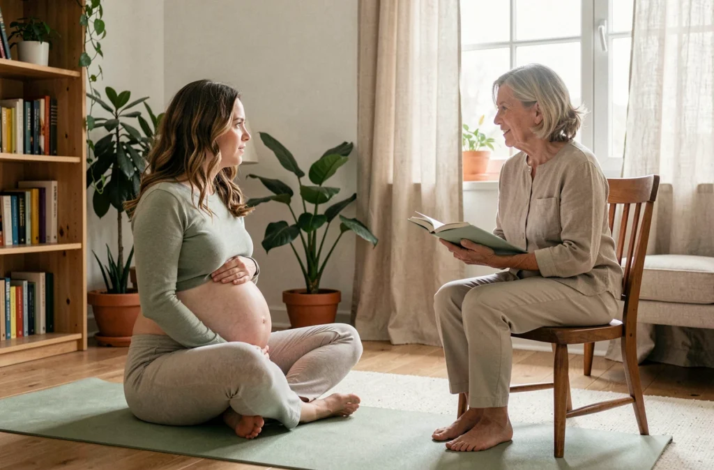 Sage-femme accompagnant une femme enceinte à domicile lors d'une séance de préparation à l'accouchement en milieu naturel