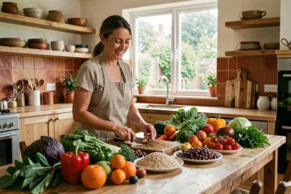 Femme préparant un repas équilibré avec des légumes et fruits colorés sur une table en bois dans une cuisine moderne
