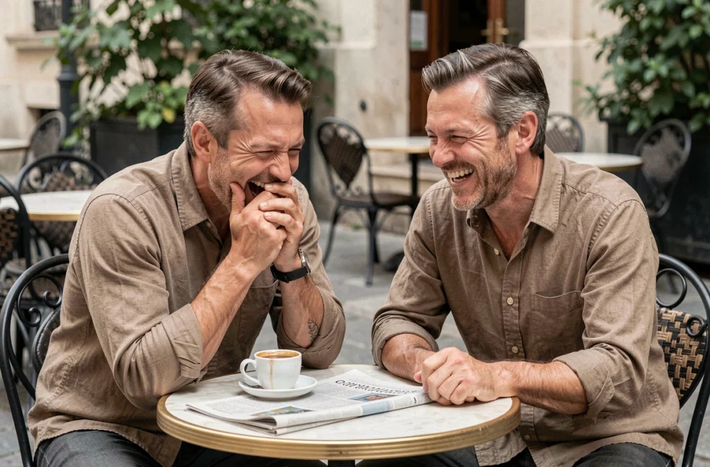 Deux amis qui rient ensemble en terrasse de café, symbole du rire comme remède au stress mental