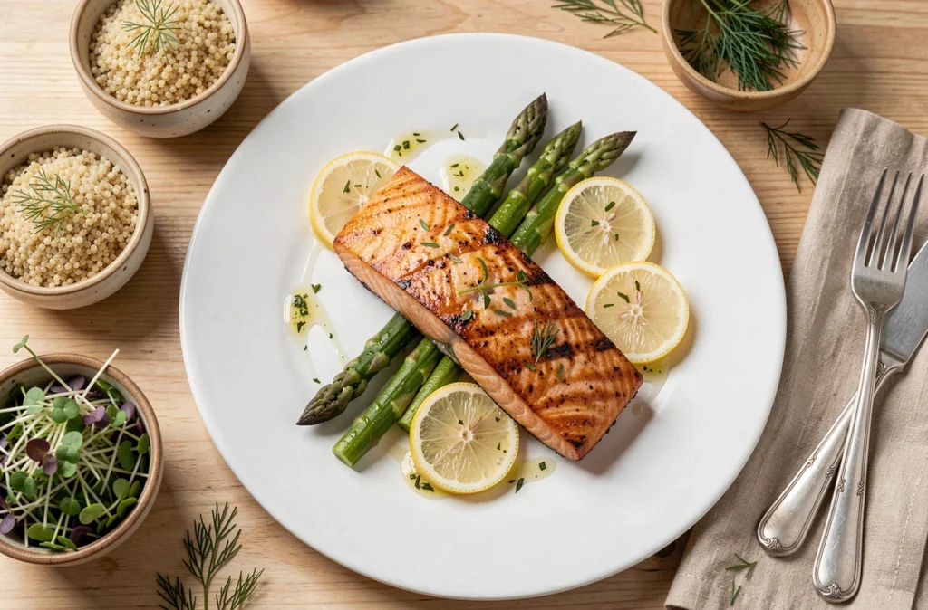 Vue de dessus d'une assiette healthy avec saumon grillé, asperges et vinaigrette aux herbes pour illustrer la cuisine légère gourmande