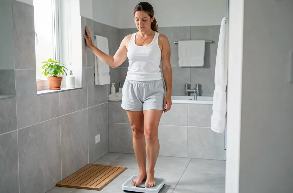 Femme se pesant sereinement sur une balance dans une salle de bain épurée, symbolisant le lien entre un sommeil de qualité et la perte de poids progressive