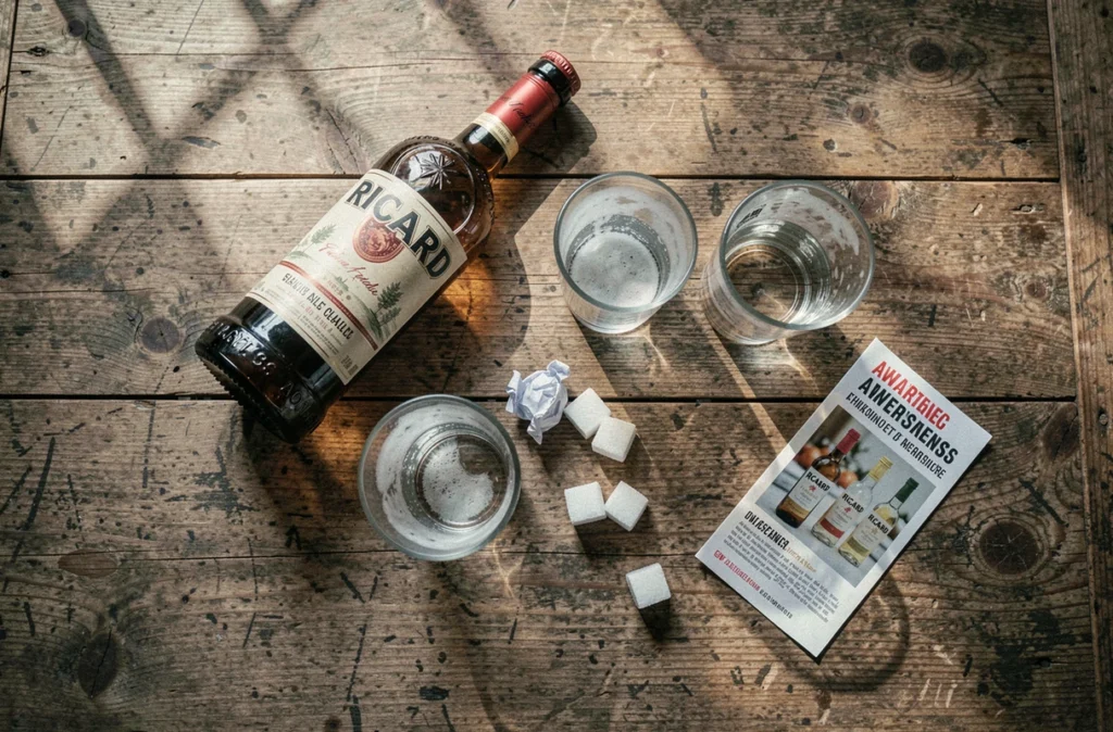Vue de dessus d'une bouteille de Ricard vide et de verres usagés sur une table en bois, symbolisant les risques liés à la surconsommation de pastis