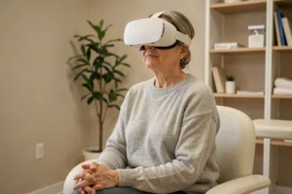Femme portant un casque de réalité virtuelle thérapeutique dans une salle de soins médicale calme