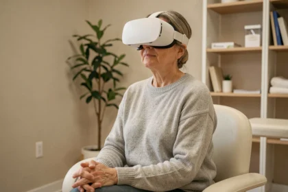 Femme portant un casque de réalité virtuelle thérapeutique dans une salle de soins médicale calme