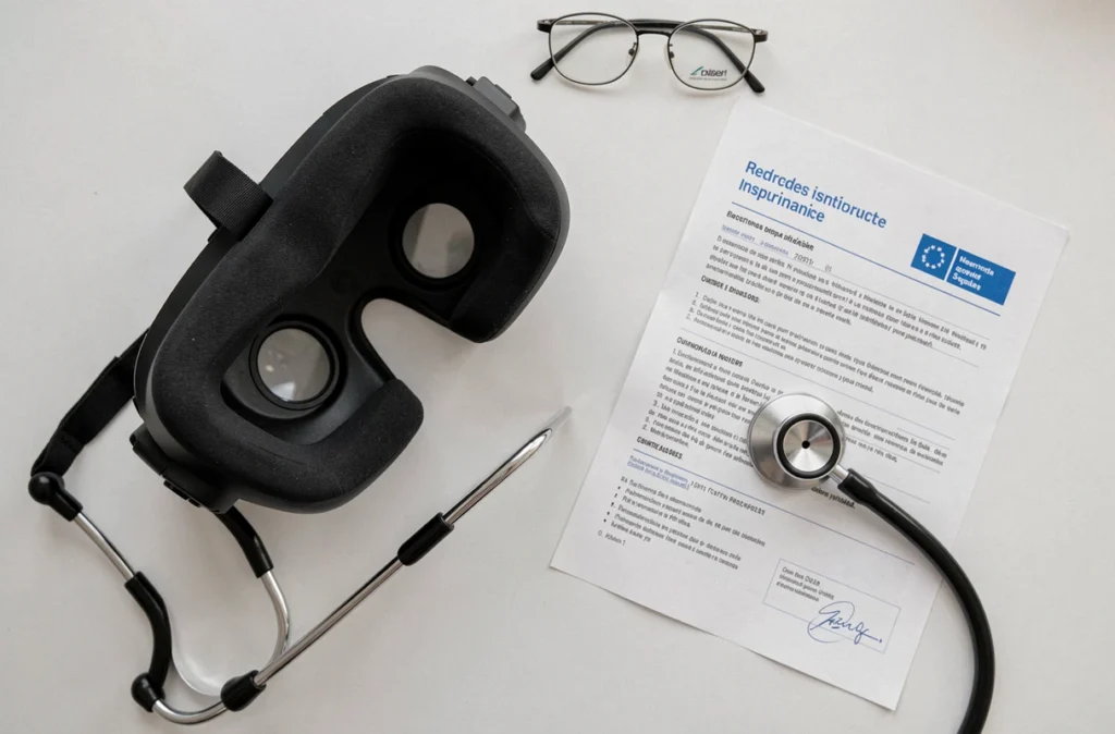 Casque de réalité virtuelle posé à côté d'une feuille de remboursement d'assurance maladie française sur un bureau blanc