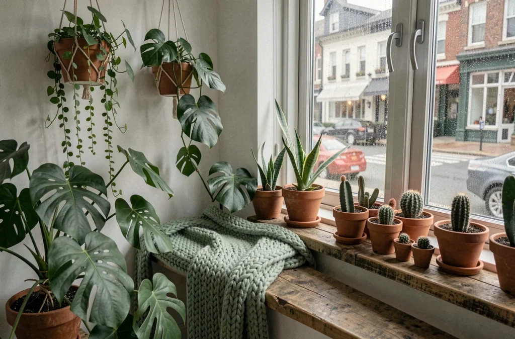 Coin lecture douillet entouré de plantes d'intérieur variées près d'une fenêtre avec vue sur la pluie urbaine