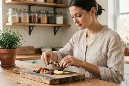 Femme préparant un bol de collations saines avec noix et fruits frais dans une cuisine en bois