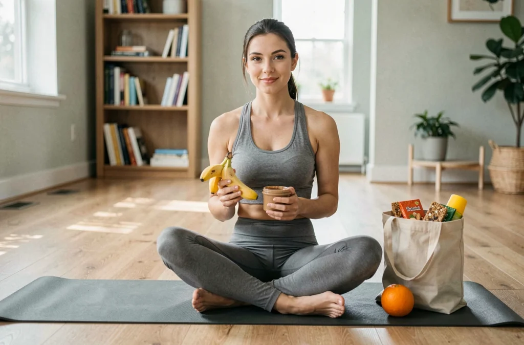 Jeune femme sportive dégustant une collation saine après l'entraînement sur un tapis de yoga à la maison
