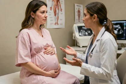 Femme enceinte en consultation gynécologique discutant d'un cerclage cervical avec sa médecin