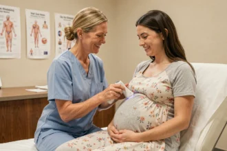 Sage-femme utilisant un doppler pour ausculter le ventre d'une femme enceinte lors d'une consultation prénatale en cabinet médical