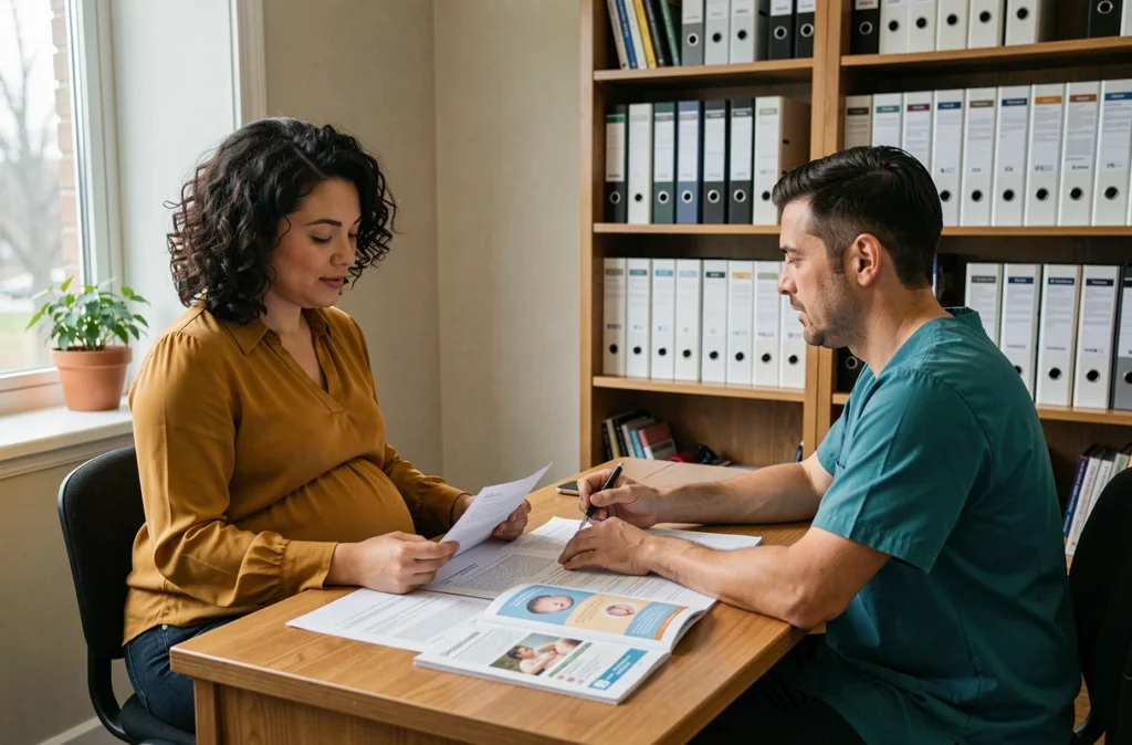 Une femme enceinte en consultation prénatale avec une sage-femme, révisant son carnet de maternité
