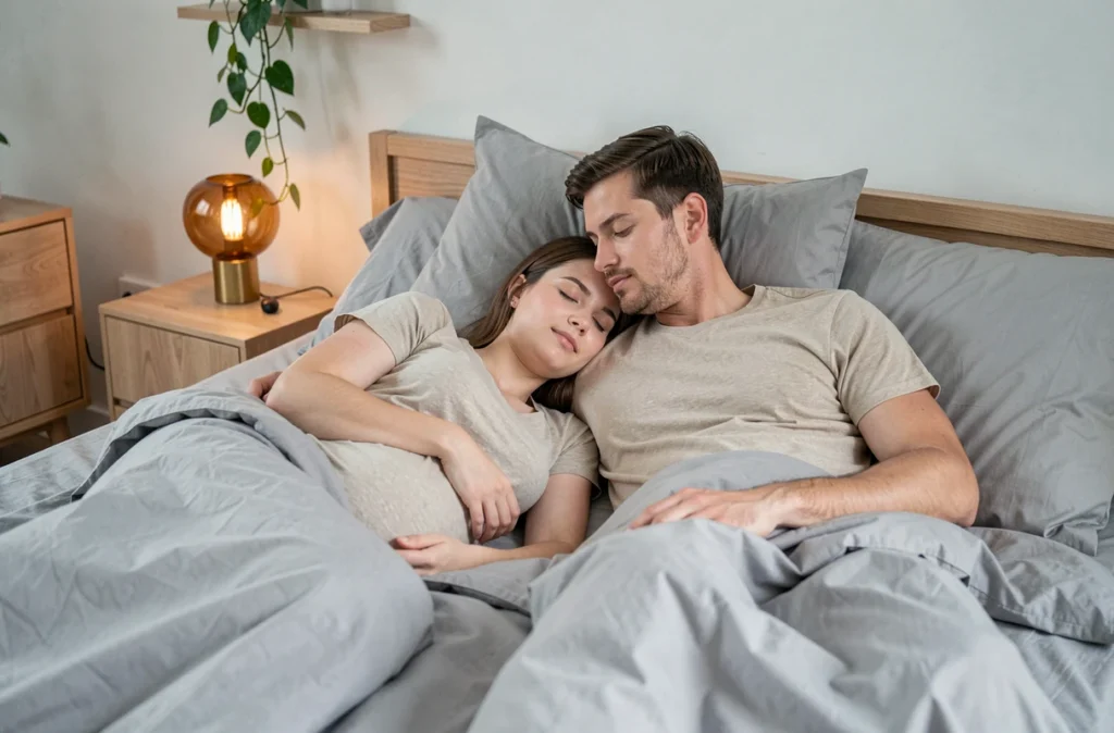 Couple attendant un bébé allongé ensemble dans un lit confortable, illustrant le soutien du partenaire pour un sommeil de qualité pendant la grossesse