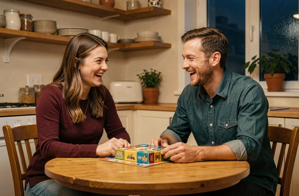 Couple jouant à un jeu de société à une table en bois le soir, moment de connexion sans écran