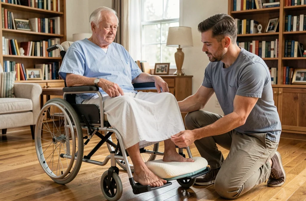Homme âgé en fauteuil roulant avec coussin anti-escarres, aidé par un proche dans un salon à domicile
