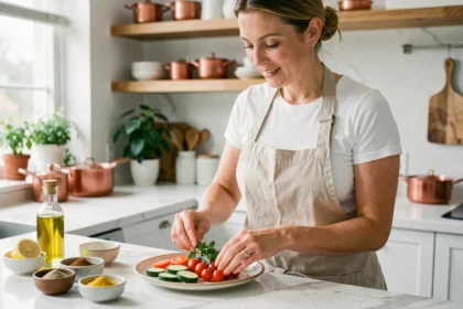 Femme préparant une assiette de légumes colorés et frais dans une cuisine moderne lumineuse pour une cuisine légère et savoureuse
