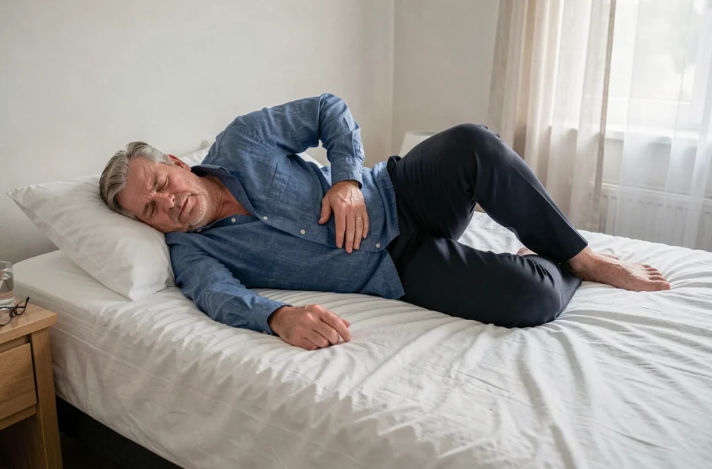 Homme allongé dans une mauvaise position de sommeil aggravant une douleur dorsale côté gauche
