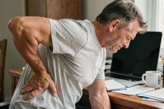 Homme en télétravail souffrant d'une douleur dans le dos à gauche en position assise voûtée