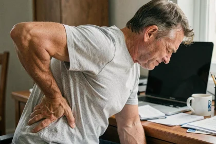 Homme en télétravail souffrant d'une douleur dans le dos à gauche en position assise voûtée