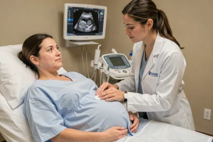 Une femme enceinte lors d'une échographie obstétricale avec sa gynécologue dans un cabinet médical moderne