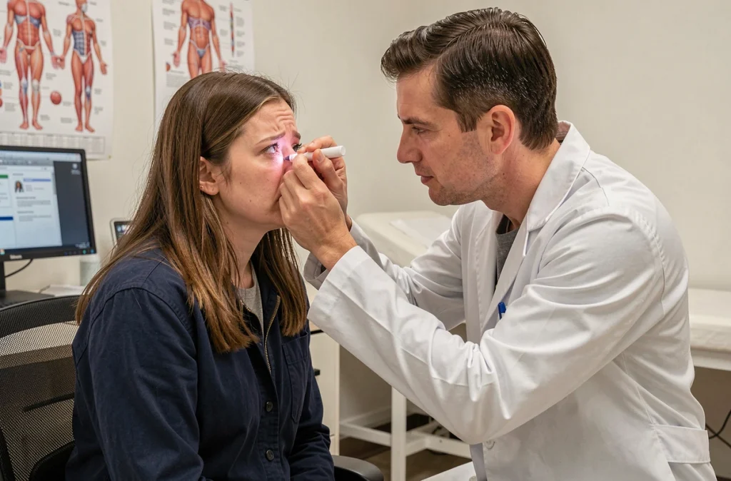 Médecin examinant l'œil gonflé d'une patiente lors d'une consultation médicale après un traumatisme