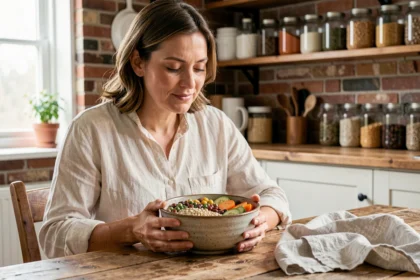 Femme savourant un bol de légumineuses et céréales complètes riches en fibres alimentaires dans une cuisine rustique