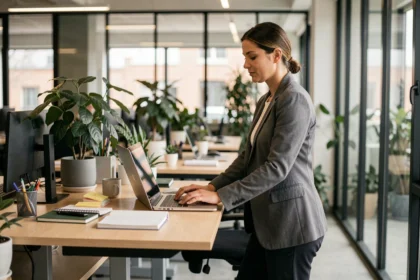Femme debout à un bureau réglable en hauteur dans un open space moderne, illustrant l'activité physique au bureau pour brûler des calories