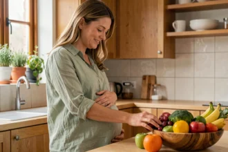 Femme enceinte souriante dans une cuisine moderne préparant un repas équilibré avec des fruits et légumes frais