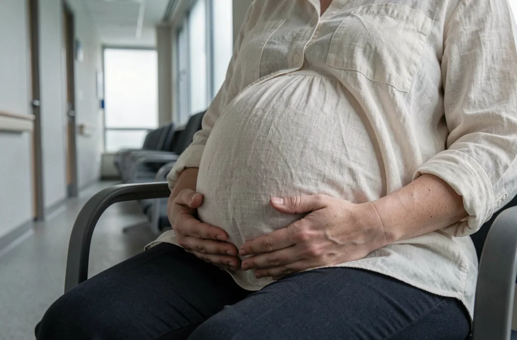 Femme enceinte attendant sa consultation dans un couloir d'hôpital, mains posées sur le ventre