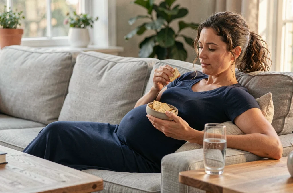Femme enceinte allongée sur un canapé gris mangeant des crackers pour atténuer les nausées matinales pendant la grossesse