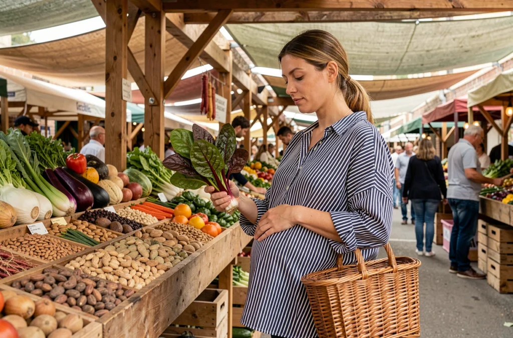 Femme enceinte au marché fermier choisissant des légumes frais et de saison pour une alimentation saine pendant la grossesse