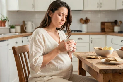 Femme enceinte assise à une table en bois tenant une tasse de tisane au gingembre pour soulager les nausées matinales