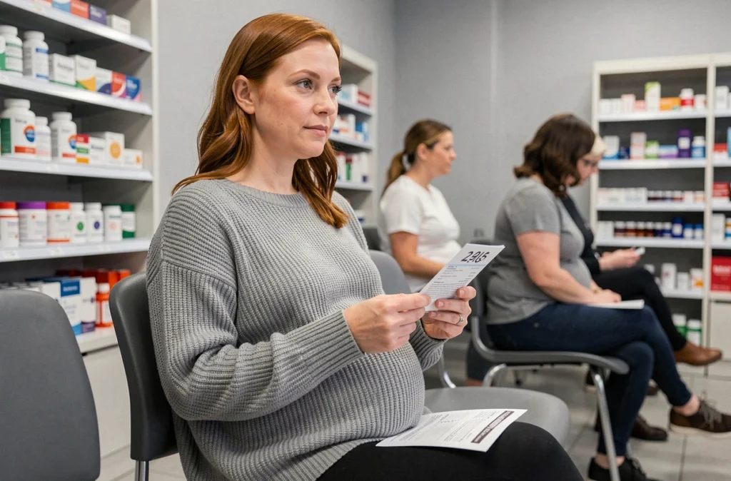 Une femme enceinte en salle d'attente d'une pharmacie avec une ordonnance prénatale, attendant ses médicaments de grossesse