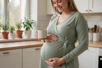 Femme enceinte portant une robe en jersey confortable dans une cuisine moderne et lumineuse