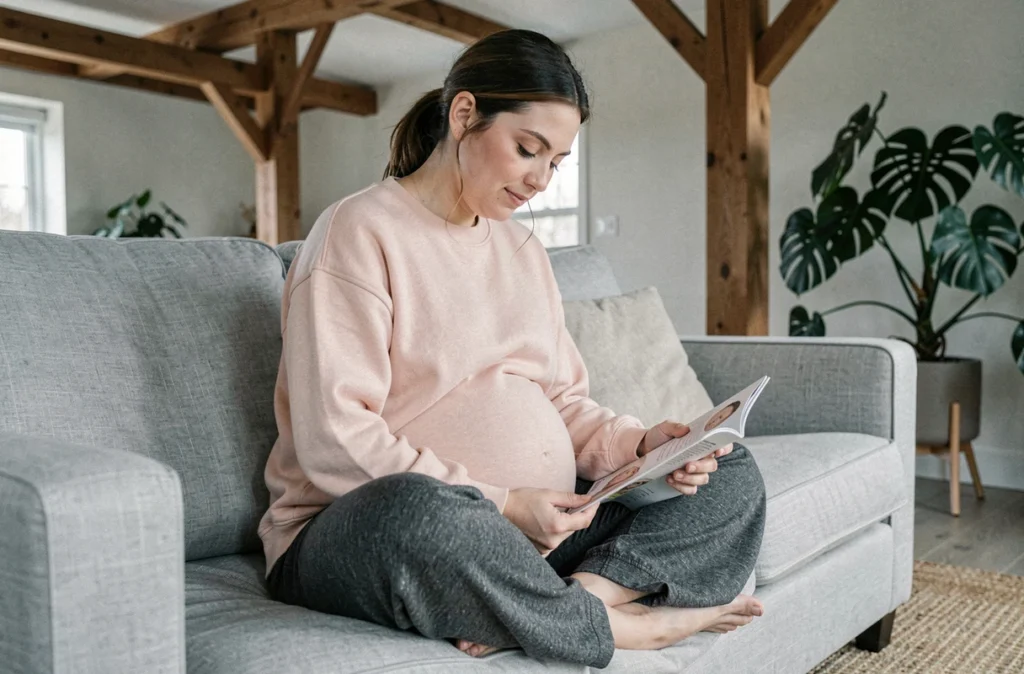 Femme enceinte détendue en tenue confortable sur un canapé en lin dans un salon chaleureux