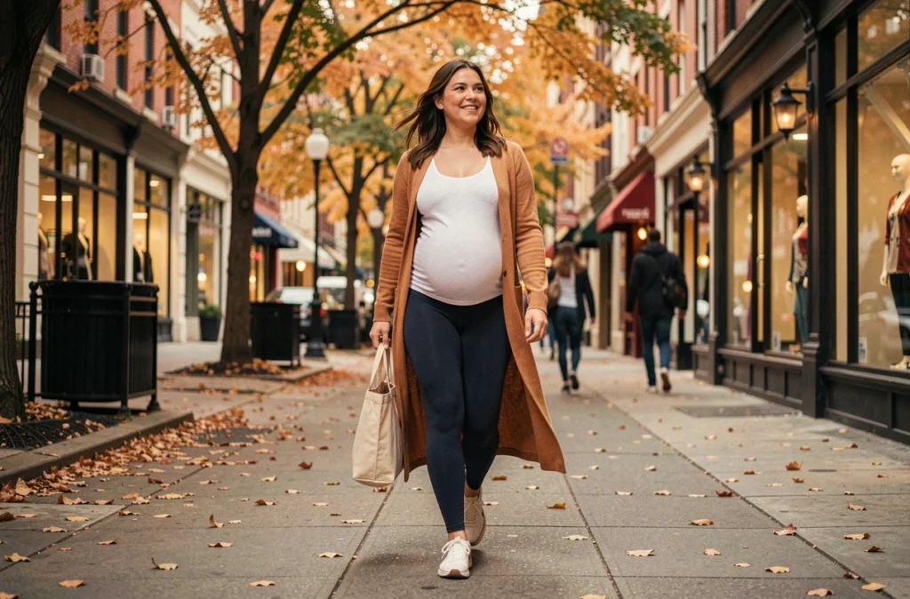Femme enceinte marchant en ville portant un cardigan confortable et un legging de maternité en automne