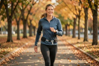 Femme marchant d'un pas déterminé sur un sentier urbain lors d'un entraînement pour un marathon de marche
