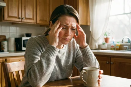Femme fatiguée tenant une tasse le matin, signe de fibromyalgie et de douleur chronique quotidienne