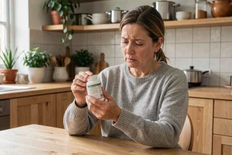 Femme d'âge mûr lisant attentivement l'étiquette d'un complément alimentaire Glucavit dans sa cuisine