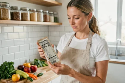 Femme lisant l'étiquette nutritionnelle d'un aliment transformé dans une cuisine moderne pour contrôler sa consommation de sucre