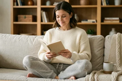Femme détendue lisant un livre sur un canapé en lin le soir, sans écran à portée de main