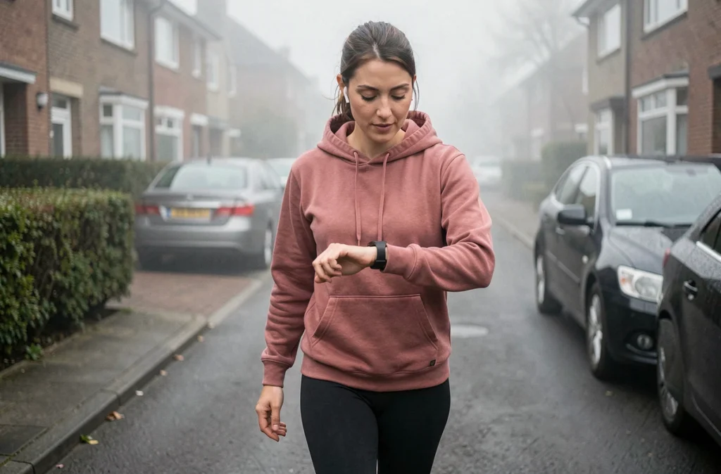 Femme vérifiant son compteur de pas sur smartwatch pendant une marche matinale dans un quartier résidentiel