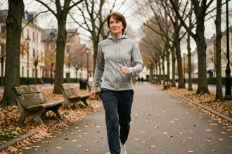Femme d'âge moyen marchant d'un pas vif dans un parc urbain aux couleurs automnales, illustrant les bienfaits de la marche quotidienne sur l'équilibre mental et physique
