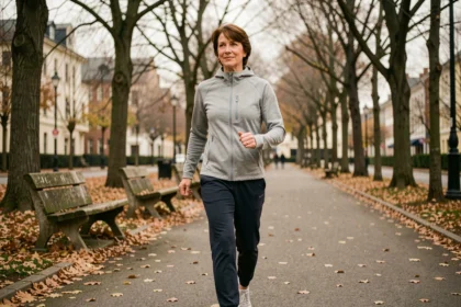 Femme d'âge moyen marchant d'un pas vif dans un parc urbain aux couleurs automnales, illustrant les bienfaits de la marche quotidienne sur l'équilibre mental et physique