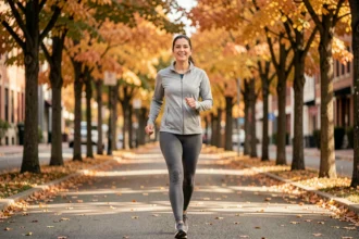 Femme marchant d'un pas vif sur une allée bordée d'arbres en automne pour favoriser la perte de poids