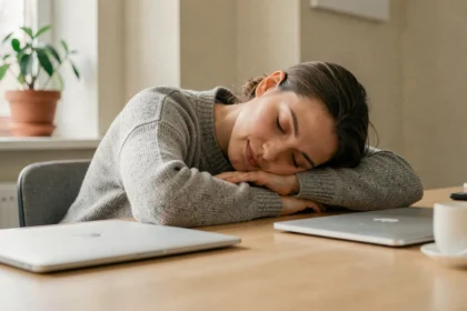 Femme faisant une micro-sieste à son bureau dans un bureau moderne et épuré