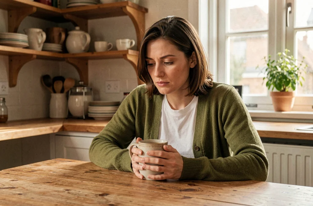 Femme pensive attablée dans une cuisine avec une tasse de tisane, évoquant les signes discrets et les doutes du début de grossesse
