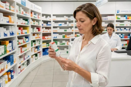 Femme en pharmacie examinant une boîte de complément alimentaire Indiva System pour la perte de poids