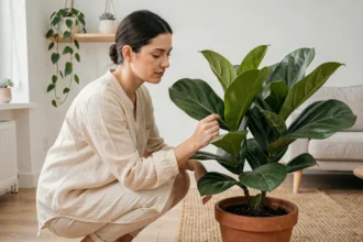 Femme entretenant un grand ficus lyrata dans un salon scandinave épuré avec des plantes d'intérieur en arrière-plan