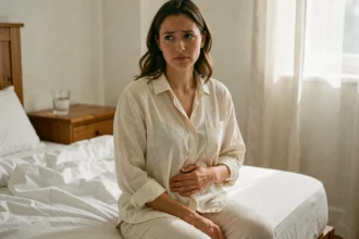 Jeune femme assise sur son lit le matin, la main posée sur son ventre, expression pensive évoquant les premiers signes de grossesse
